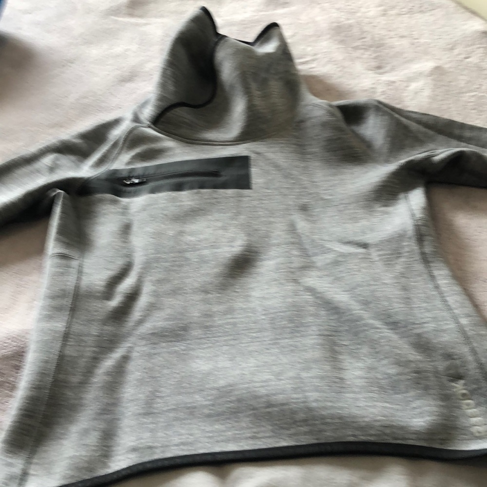 Womens reebok crossfit top in heathered gray with cowl neckline.